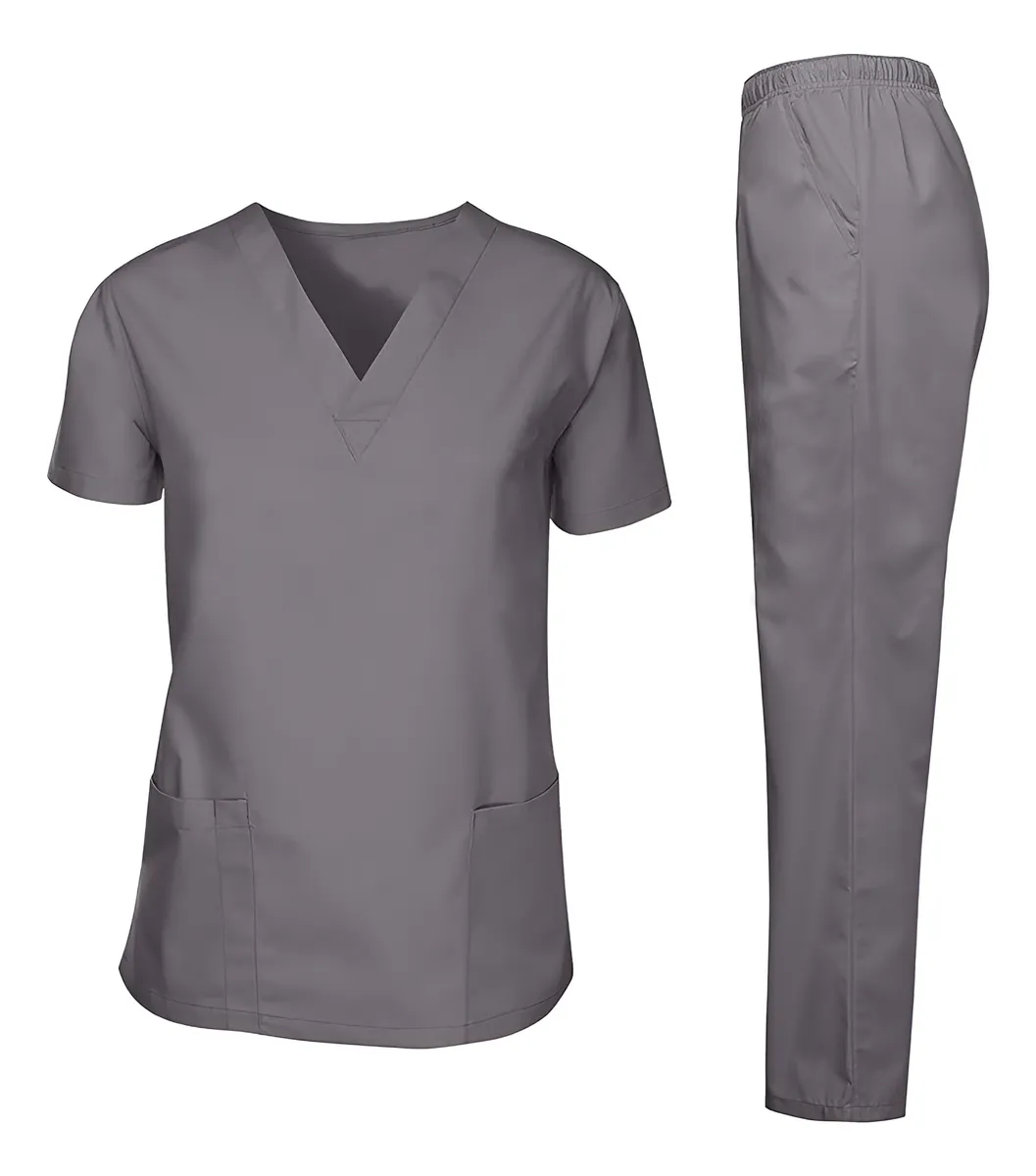 Uniformes Antifluido Dos Piezas Para Dama Unicolor Gris Cuello V - Imagen 2